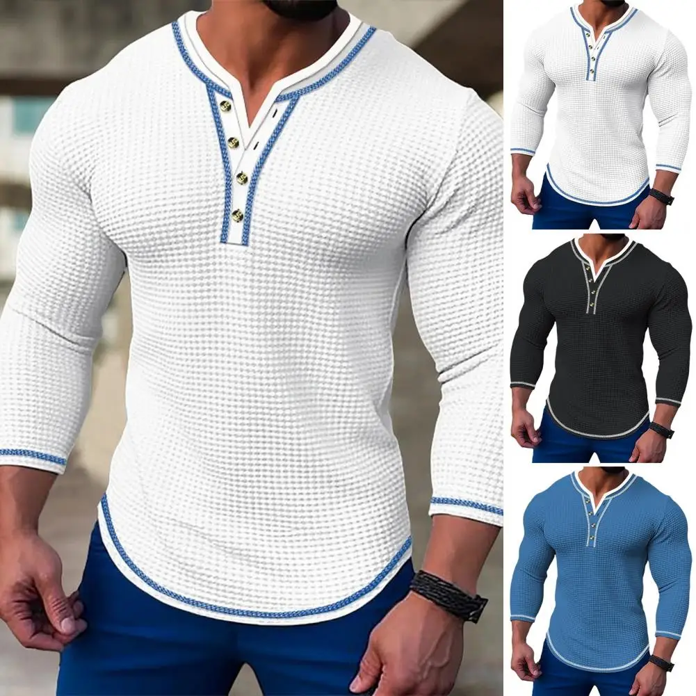 Casual Long Sleeve T-shirt for Men Men's Slim Fit Waffle Texture Long Sleeve T-shirt with Henry Collar Button Details Soft