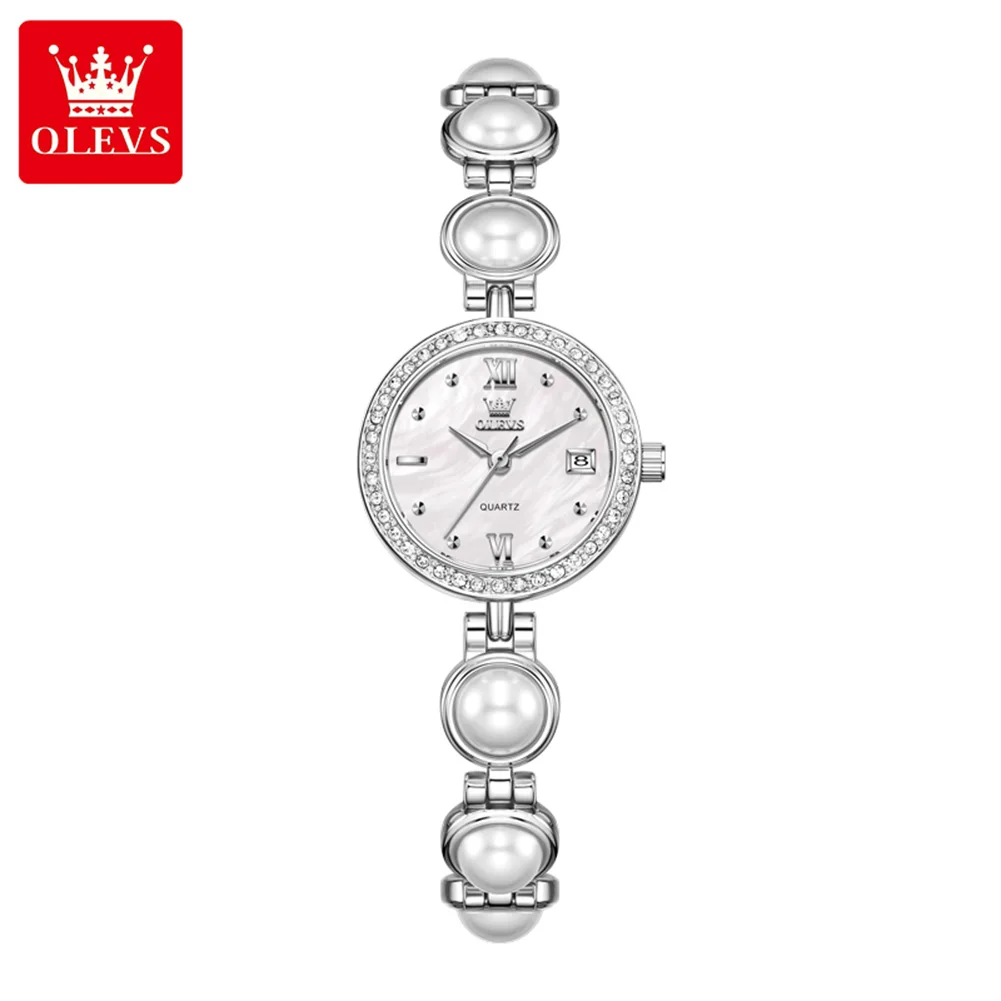 ساعات نسائية فاخرة من OLEVS بحزام لؤلؤ الماس وساعة كوارتز بتقويم مقاوم للماء ومجوهرات للسيدات ساعة يد أصلية
