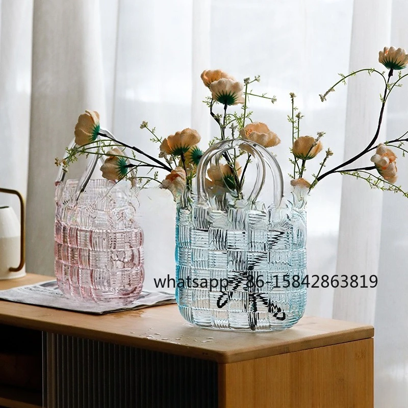 Creative Portable Woven Bag Vase Square Pattern Water Flower Vase Living Room Home Soft Decoration