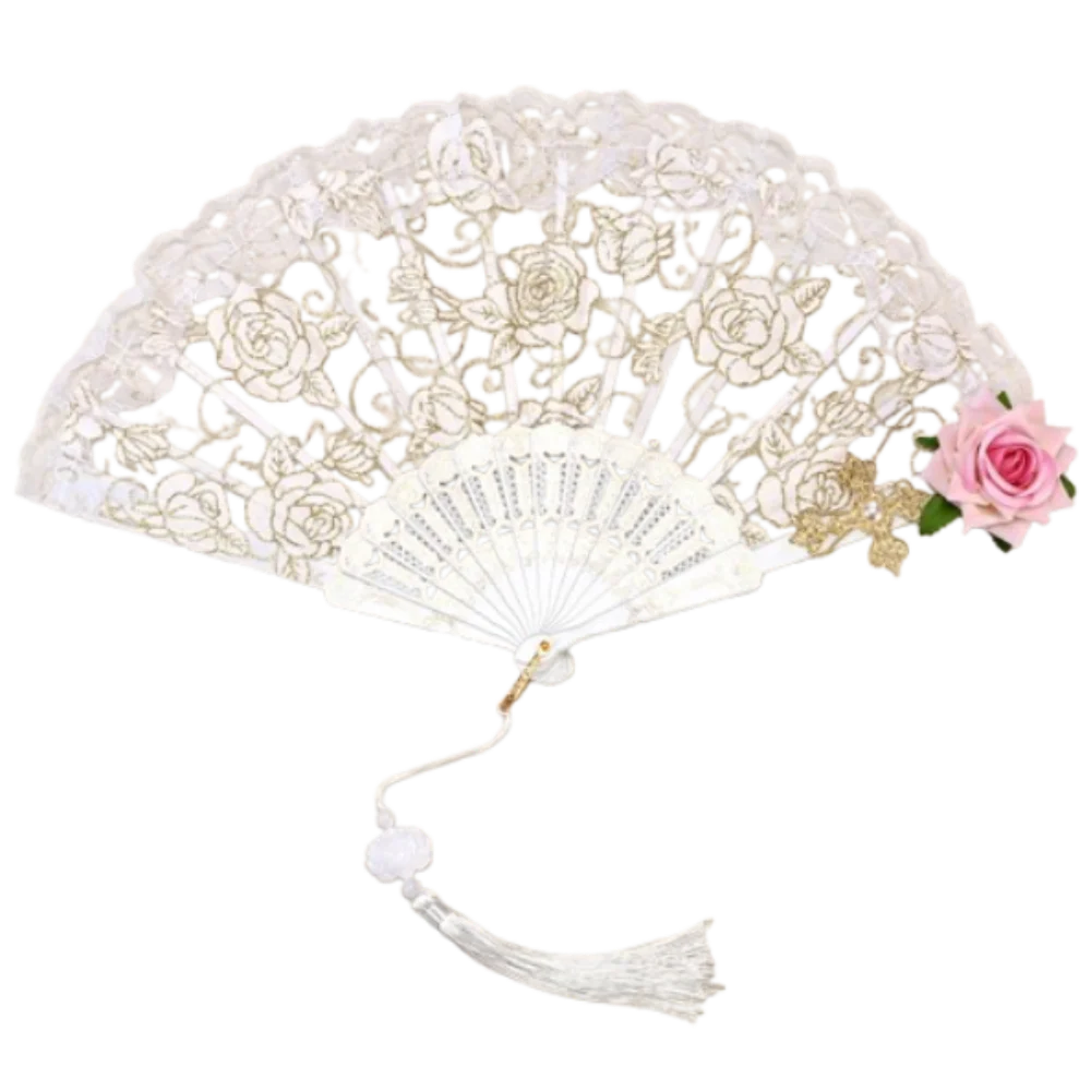 

Portable Retro Rose Lace Folding Fan Handmade with Tassels Cosplay Hand Fans European Show Dance Fans Home Decoration