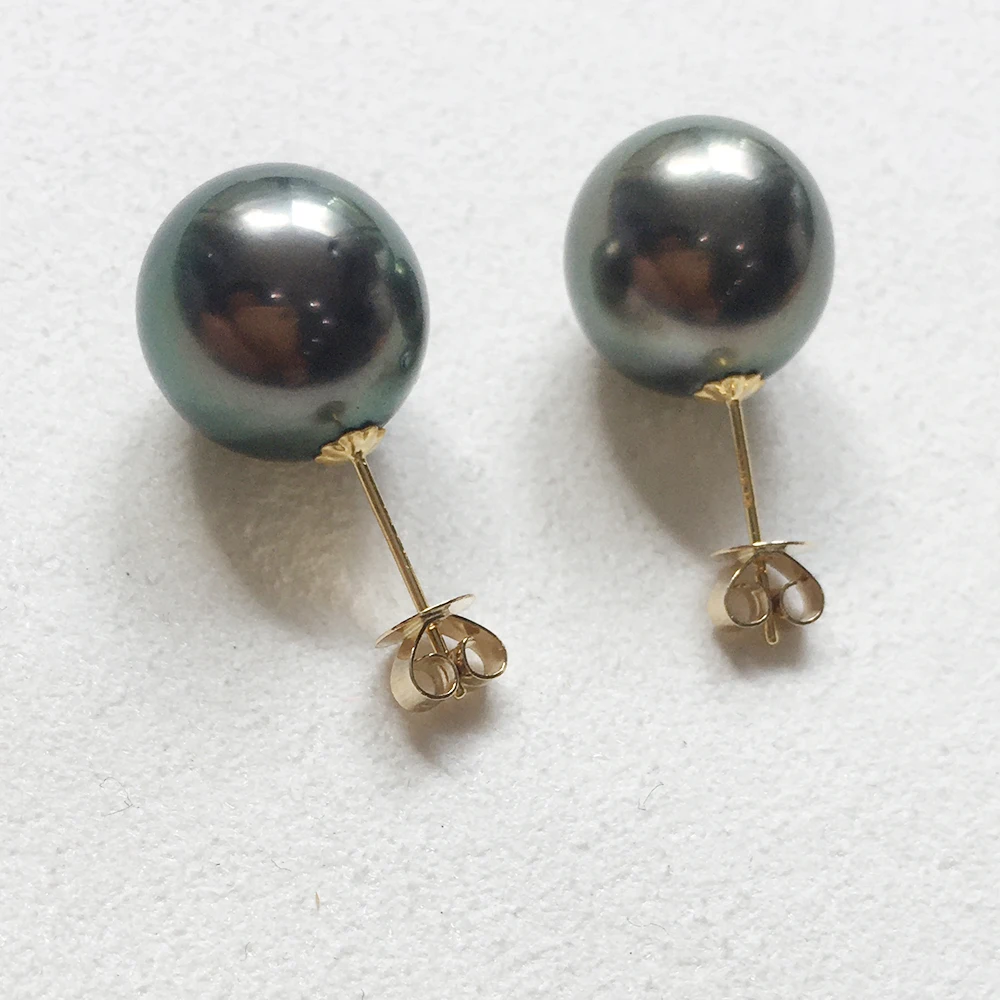 18K Gold Nature Tahitian Pearl Stud Earring Real AU750 100% AA+ Quality 10-11mm Sea Salt Pearl