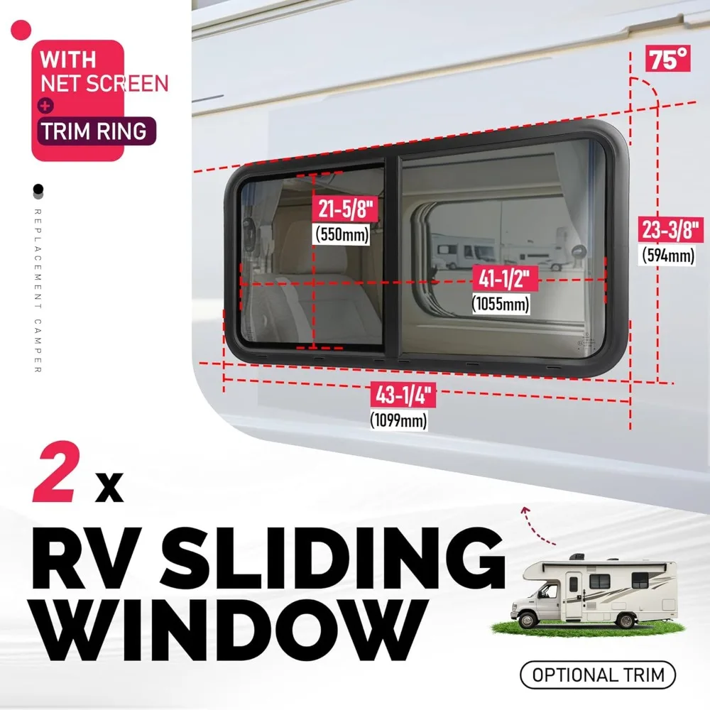 نافذة RV من الزجاج المقوى المنزلق الأفقي مع حواف مطلية بالمسحوق الأسود وشاشة شبكية، مجموعة من 2