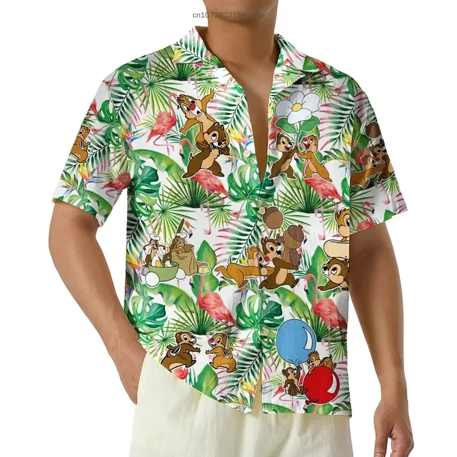 Disney Chip and Dale Chipmunk Hawaiian Shirt Men's Fashion Summer Short Sleeve Button Down Beach Vacation Shirt Casual Shirt