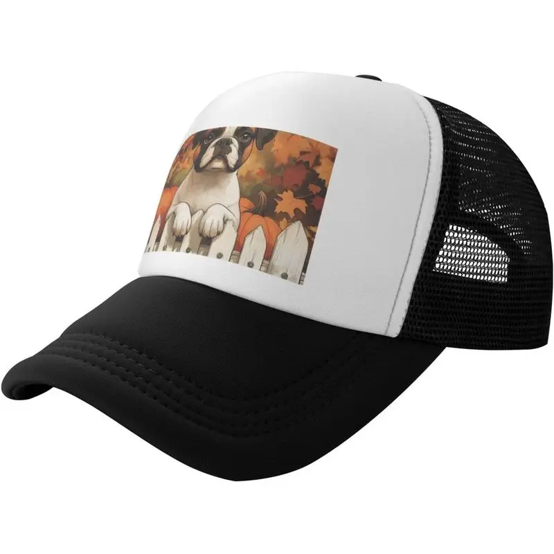 Welcome Boxer Dog Pumpkin Autumn Cute Puppy Breathable Mesh Baseball Cap Adjustable Lightweight Trucker Hat Black