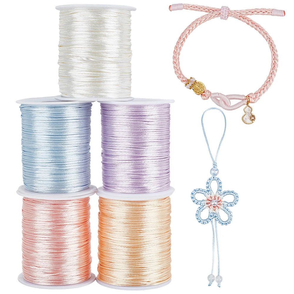 546.8 Yards Satin Rattail Silk Cord 5 Rolls 1.5mm Nylon String for Bracelets 5 Colors Satin String for Beading for Jewelry