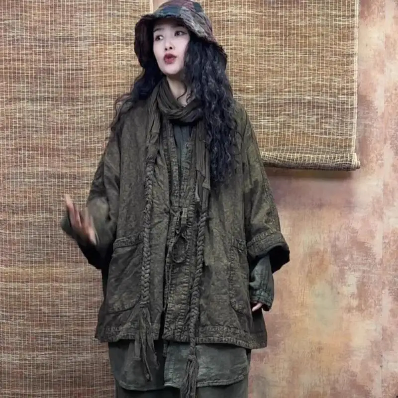 جديد الخريف الفنون نمط المرأة الخامس الرقبة جاكيتات كلاسيكية جيوب مزدوجة فضفاضة جلد القطن الكتان معاطف عالية الجودة