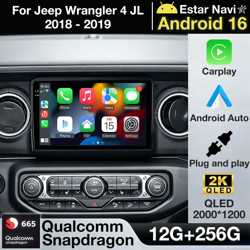 Android 16 Car Radio For Jeep Wrangler 4 JL 2018 2019 Viedo Player Wireless Carplay Auto Stereo Multimedia NAVI Gation BT 2DIN