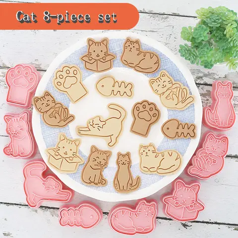 8 개/대 고양이 쿠키 커터 플라스틱 3D 만화 Pressable 비스킷 금형 쿠키 스탬프 주방 베이킹 과자 Bakeware 도구