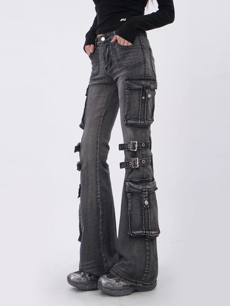 

Женские прямые джинсы для похудения American High Street Heavy Du Multi ket с низкой талией, расклешенные брюки для рабочей одежды