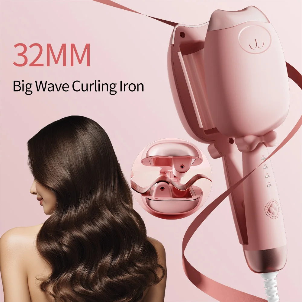32mm Deep Wave Hair Curler - 4-Temperature Anti-Scald Wave Iron Styler with Wave-Shaped Plates for Natural Curls Fast Heating