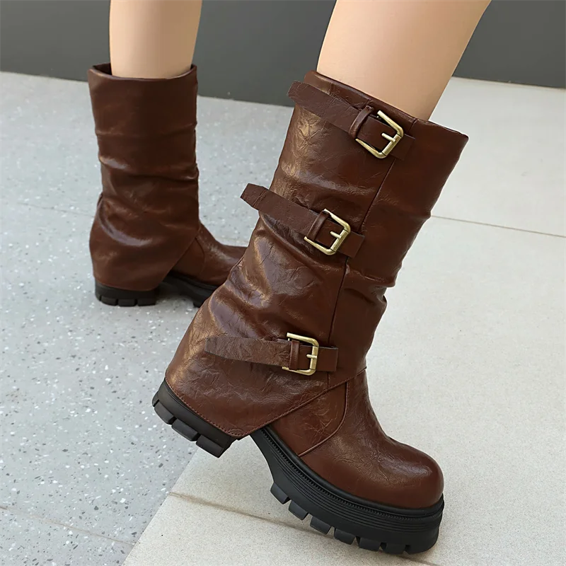 2026 Autumn Women's Knee Boots Fashion Buckle Decoration Retro Wrinkle Design Western Cowboy Boots Size 35-43