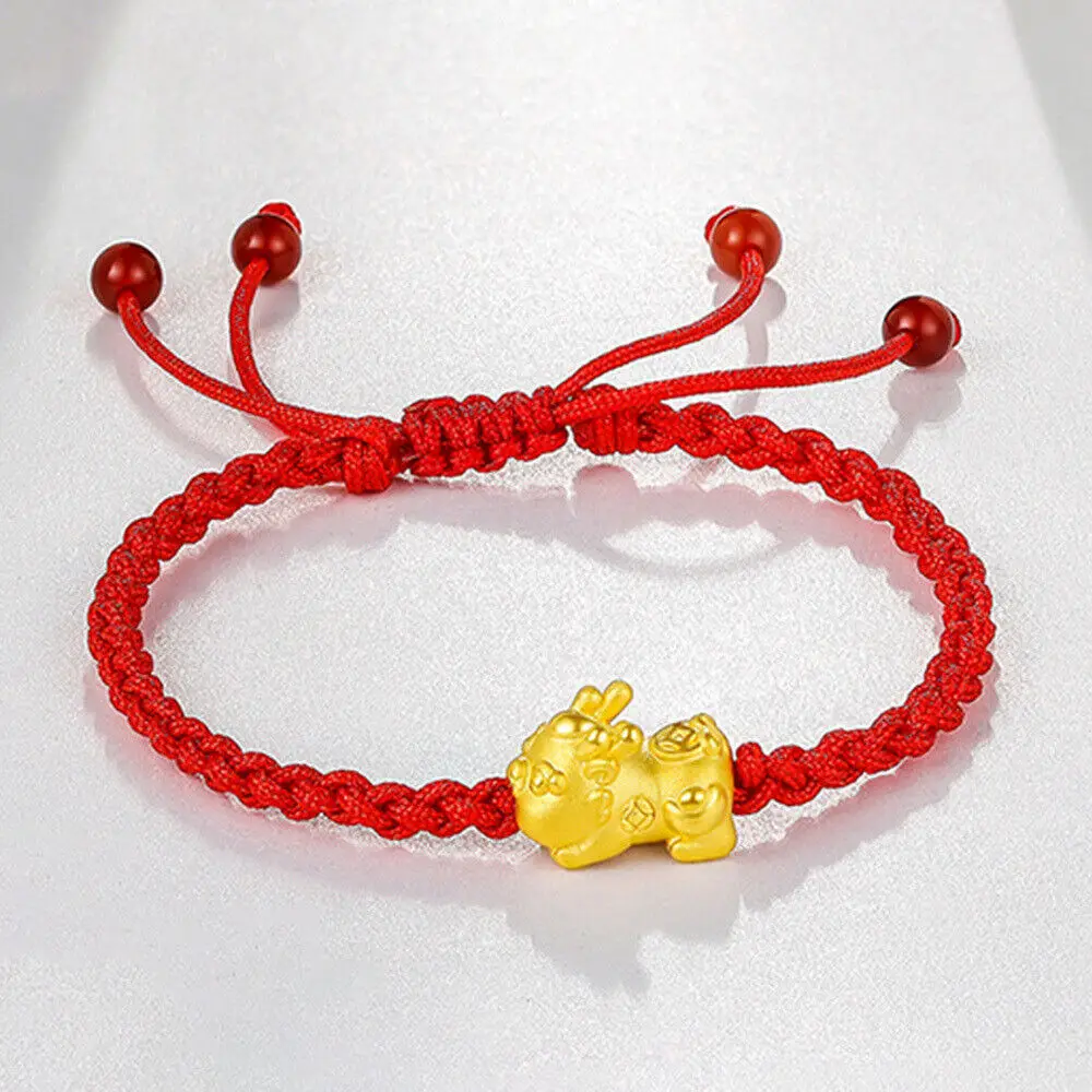 

Fine Pure 24K Yellow Gold 3D Coin Pixiu Baby Red Cord Knitted Bracelet 6.7"L