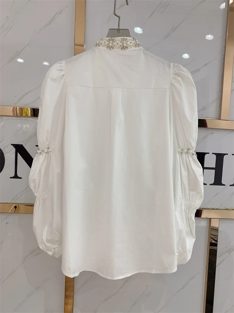 Luxury Heavy Exquisite Diamonds Beaded Stitch Mid-Length Cotton Shirts and Blouses For Women 2024 New Long Sleeve Top Blusas