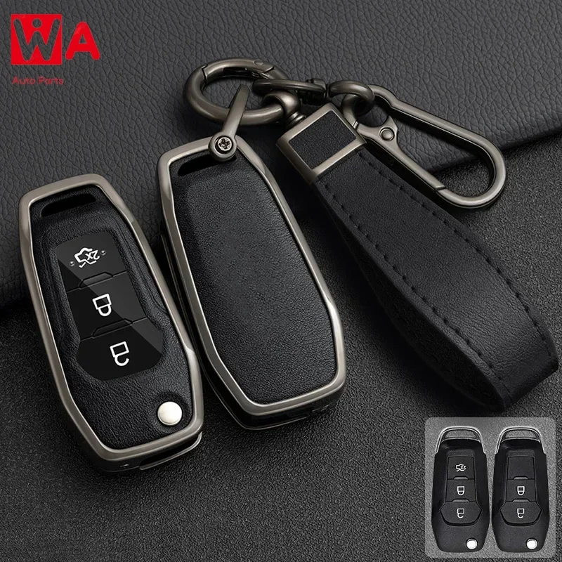 

Zinc Alloy + Leather Car Key Case For Ford Edge Figo Mondeo 5 Ecosport Fiesta Everest Ranger Fusion Kuga Escort F150 Flip Remote