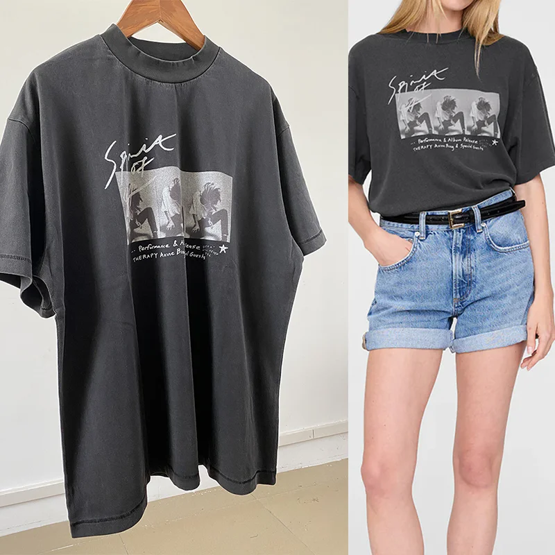

Потертая футболка, женские свободные черные, серые футболки, хлопковые футболки с круглым вырезом, летний топ с рок-принтом, женский пуловер с короткими рукавами