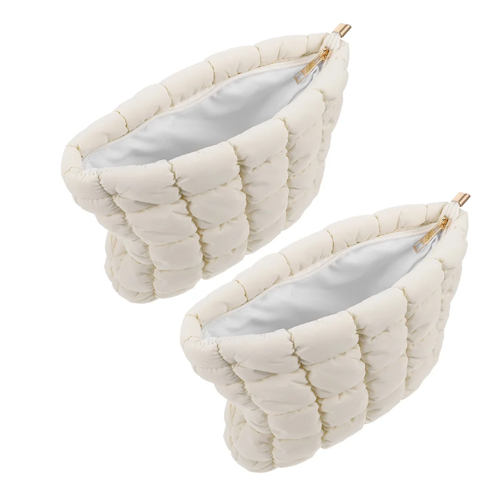 2Pcs Portable Puffer Bag Quilted Travel Makeup Organizer Soft Makeup Brush Lipstick Toiletries Pouch for Women
