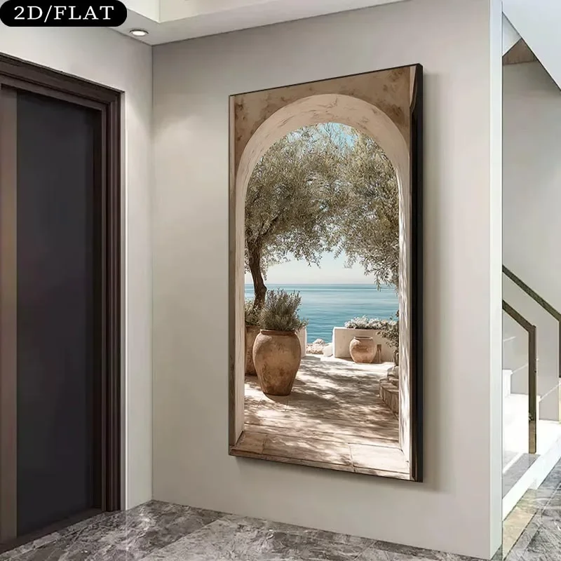 2D Flat Large Frameless Olive Tree Archway Canvas Wall Art Painting Minimalist Mediterranean Canvas Prints for Living Room Decor