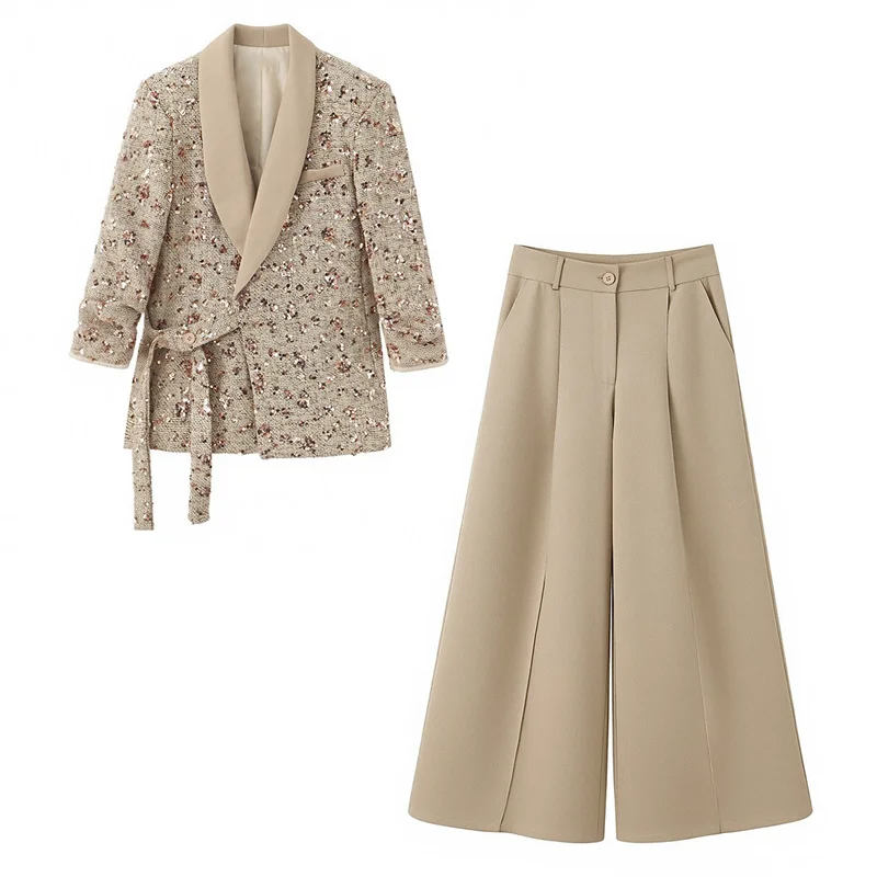 

Summer Women's Suit Casual Sequined Blazer Jacket Top High Waist Wide Leg Pants 2026 New Loose Coat Long Trousers 2-piece Set
