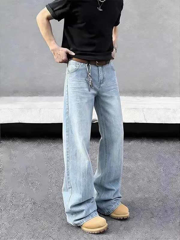 

Light Blue Lightning Bamboo Pattern Men's Jeans Straight Leg Micro Flared Pants American Sle High Street Spring Trend
