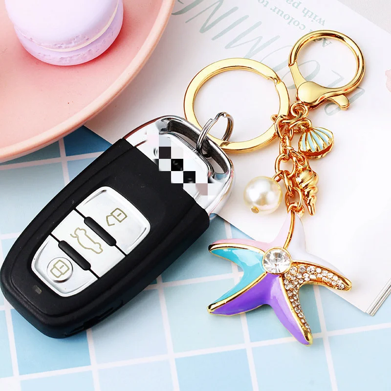 Rhinestone Crystal Metal Keychain Lovely Cartoon Marine Animal Starfish Keyring Girl HandBag Car Pendant Key Chain