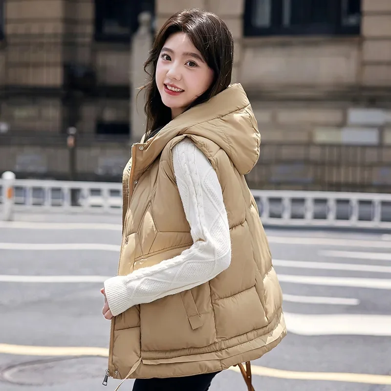 2023 New Women Sleeveless Puffer Vest Winter Warm Down Cotton Padded Jacket Female Hooded Veats Parkas Waistcoat