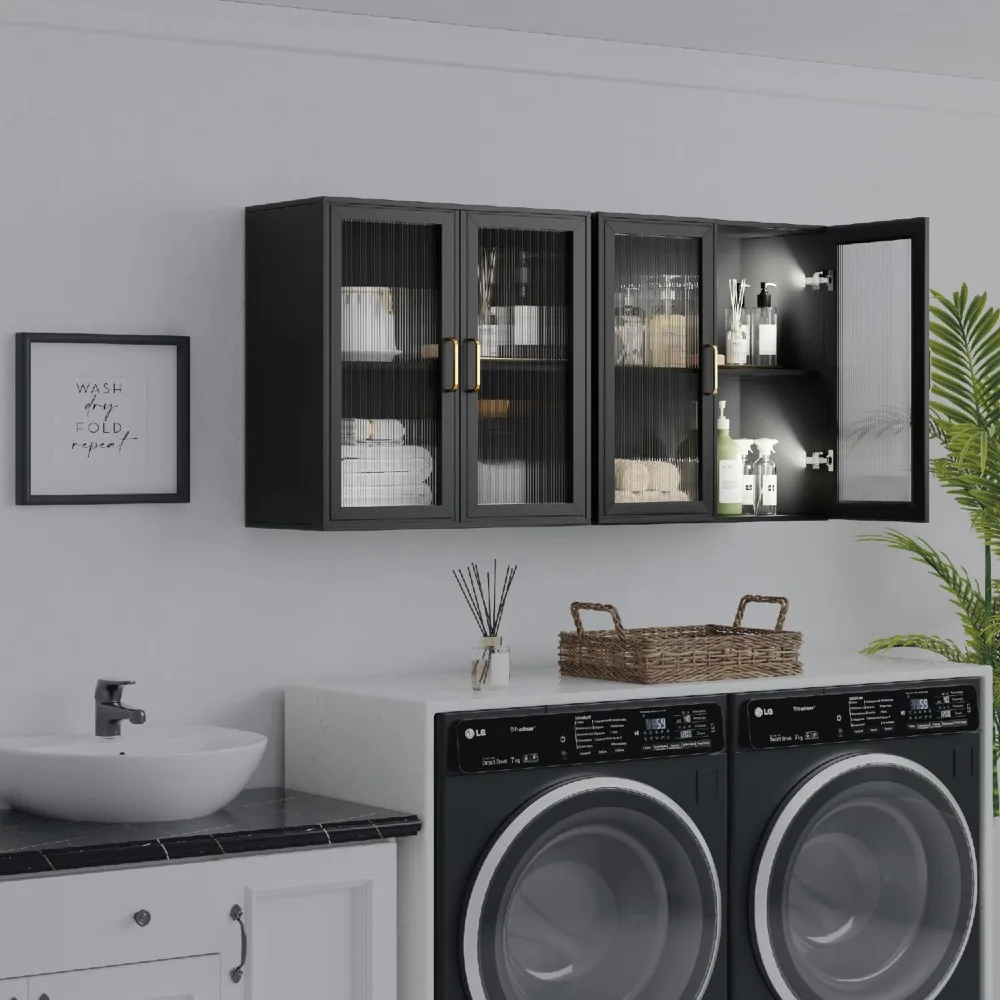 خزائن تخزين حائطية LED - خزائن المطبخ العلوية، خزائن مثبتة على الحائط مع 4 أبواب ورف من زجاج الأكريليك، باللون الأسود