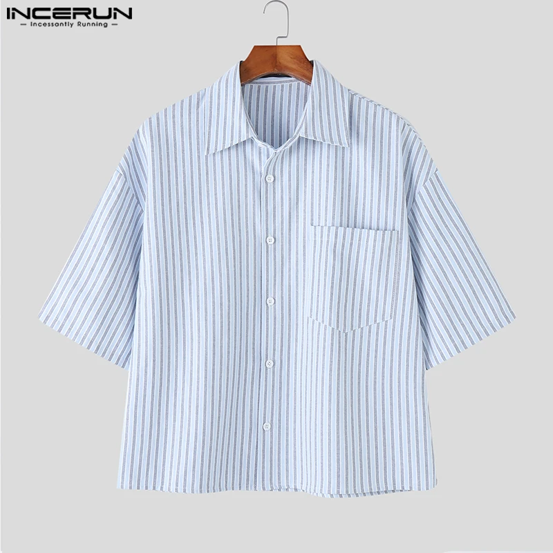 

Summer Short Sleeve Tops Men Shirt INCERUN Fashion Men's Clothing Stripe Shirts Streetwear Turn Down Collar Tee Oversize S-5XL