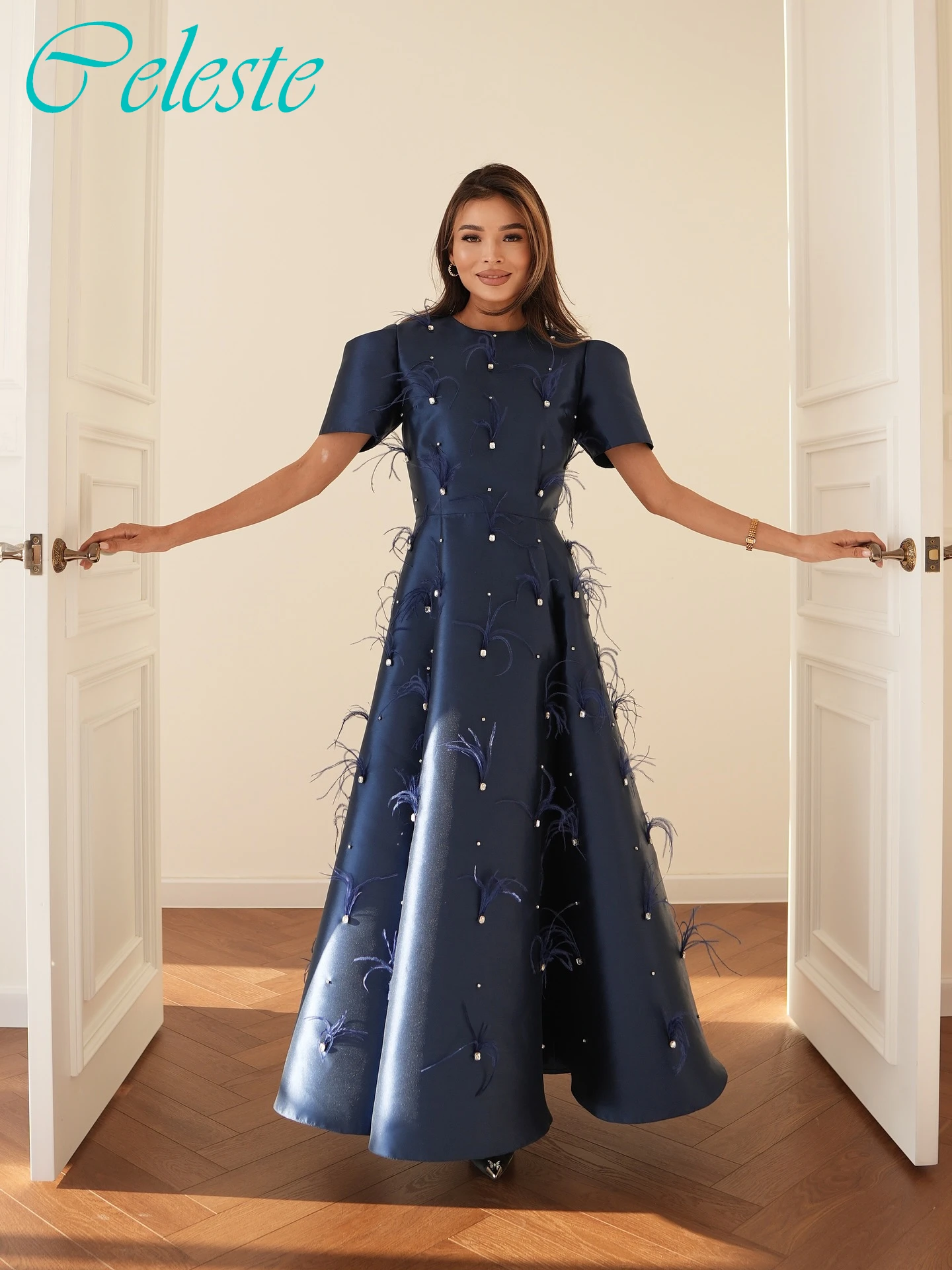 

Customized A-Line Crew Neck Short Sleeves Elegant Evening Dress Delicate Bespoke Occasion Gowns Modern Fashion Prom Dress