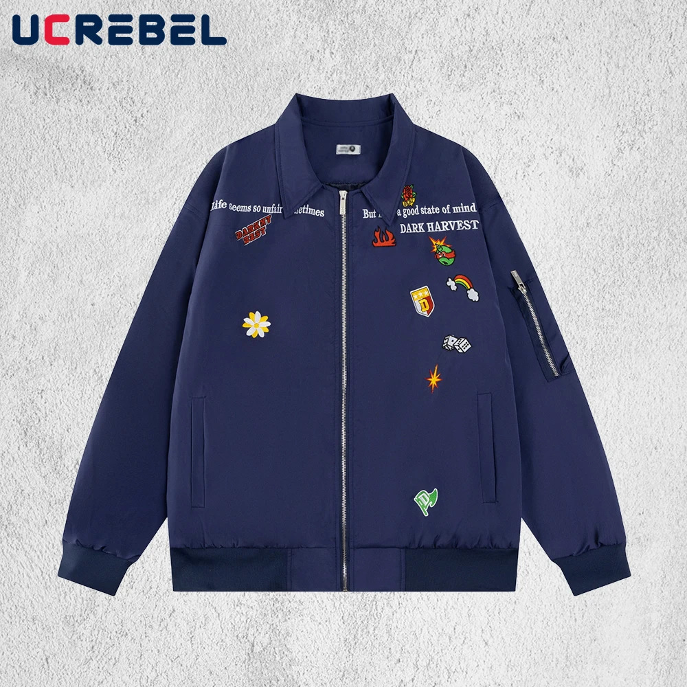 

Cartoon Embroidery Baseball Jacket Mens Autumn Vintage Streetwear Lapel Long Sleeve Loose Outerwear Man