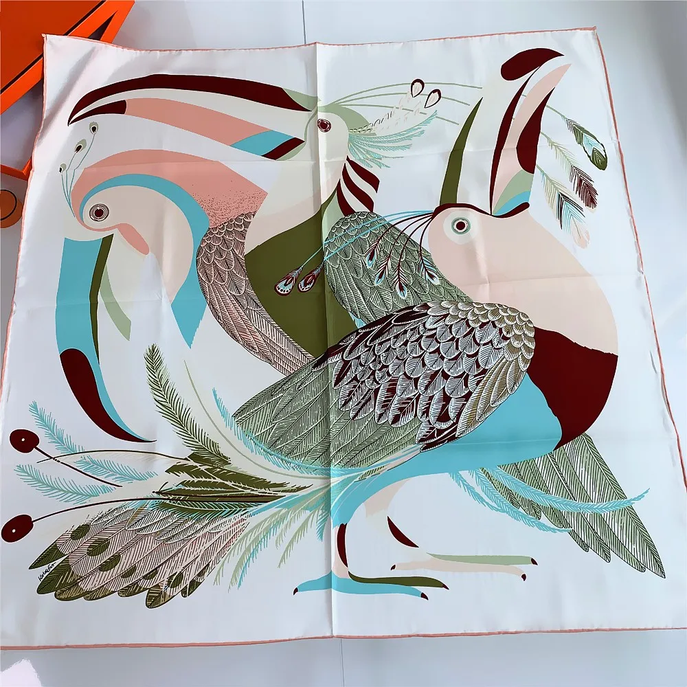 90CM Toucan Birds Brand Hijabs Scarf Women Bandana Handmade Curled Twill Silk Square Scarf Luxury Foulard Head Scarves Shawls