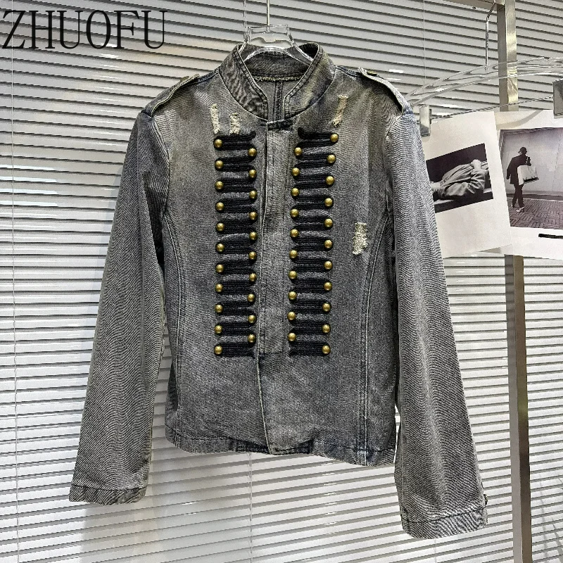 Women Vintage Stand Collar Denim Jacket Buttons Decorative Long Sleeve Slimming Outerwear Fashion Short Coat Ladies 2026 New