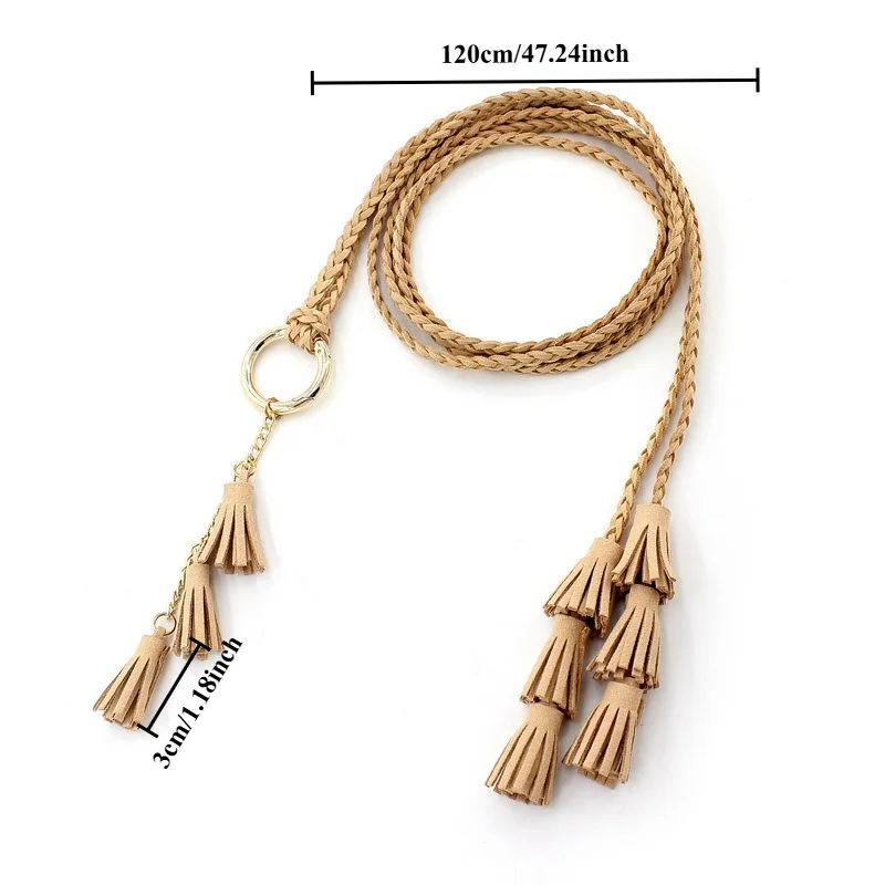 Fashionable Knotted Dress-Style Braided Women’s Belt Ethnic-Style Fringe Versatile Three Strands of Fringe with Gold Rings
