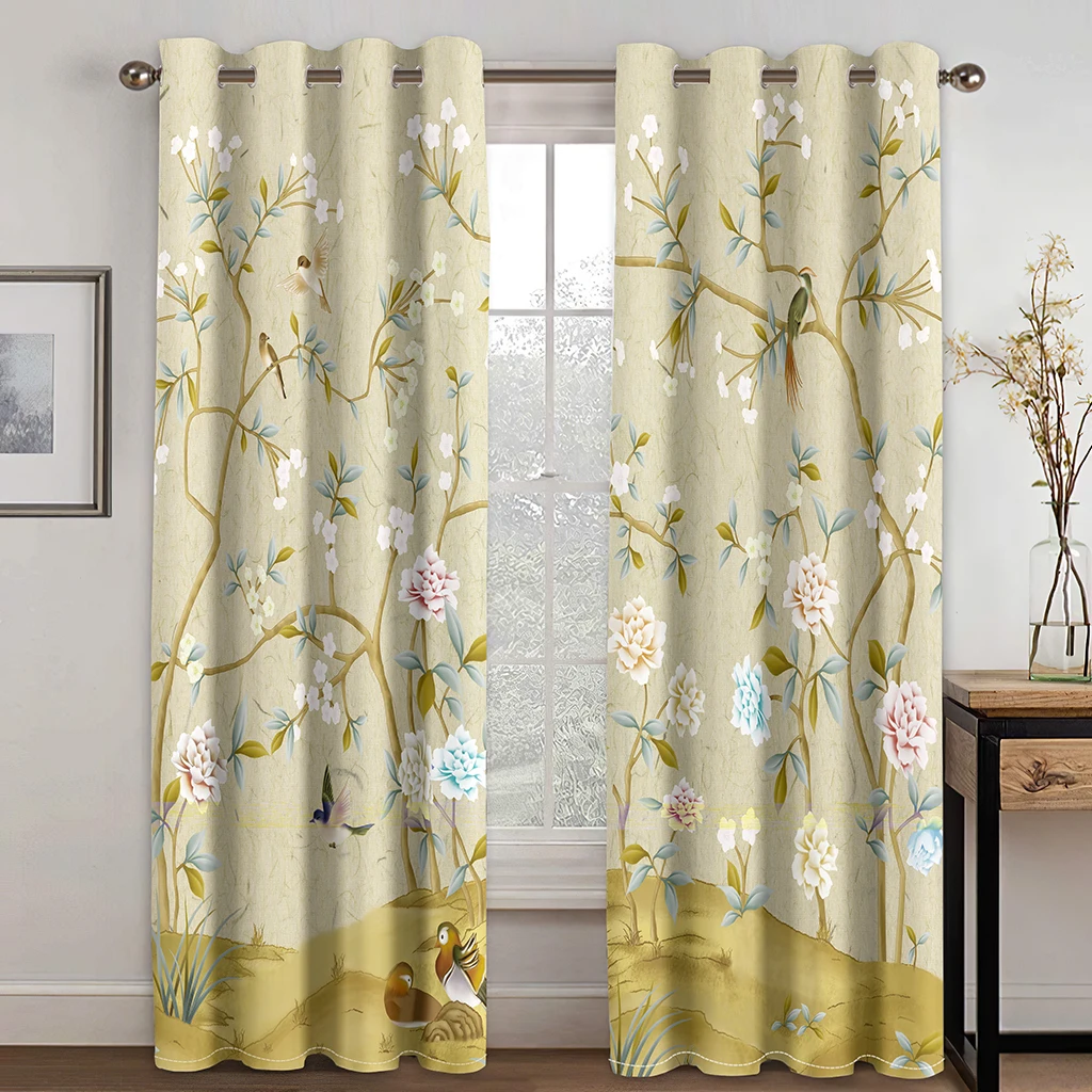 3D Flower Birds Branches Bird Cages Green Pattern Curtains for Bedroom Decoration Item Window Curtain Living Room Thin Curtains