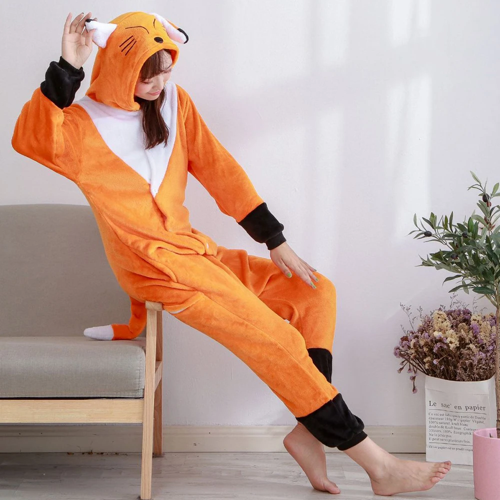 Adult Halloween Onesie Pajamas Unisex Fox Cosplay One Piece Anime Cosplay Christmas Party Costume Winter Warm Flannel Sleepwear