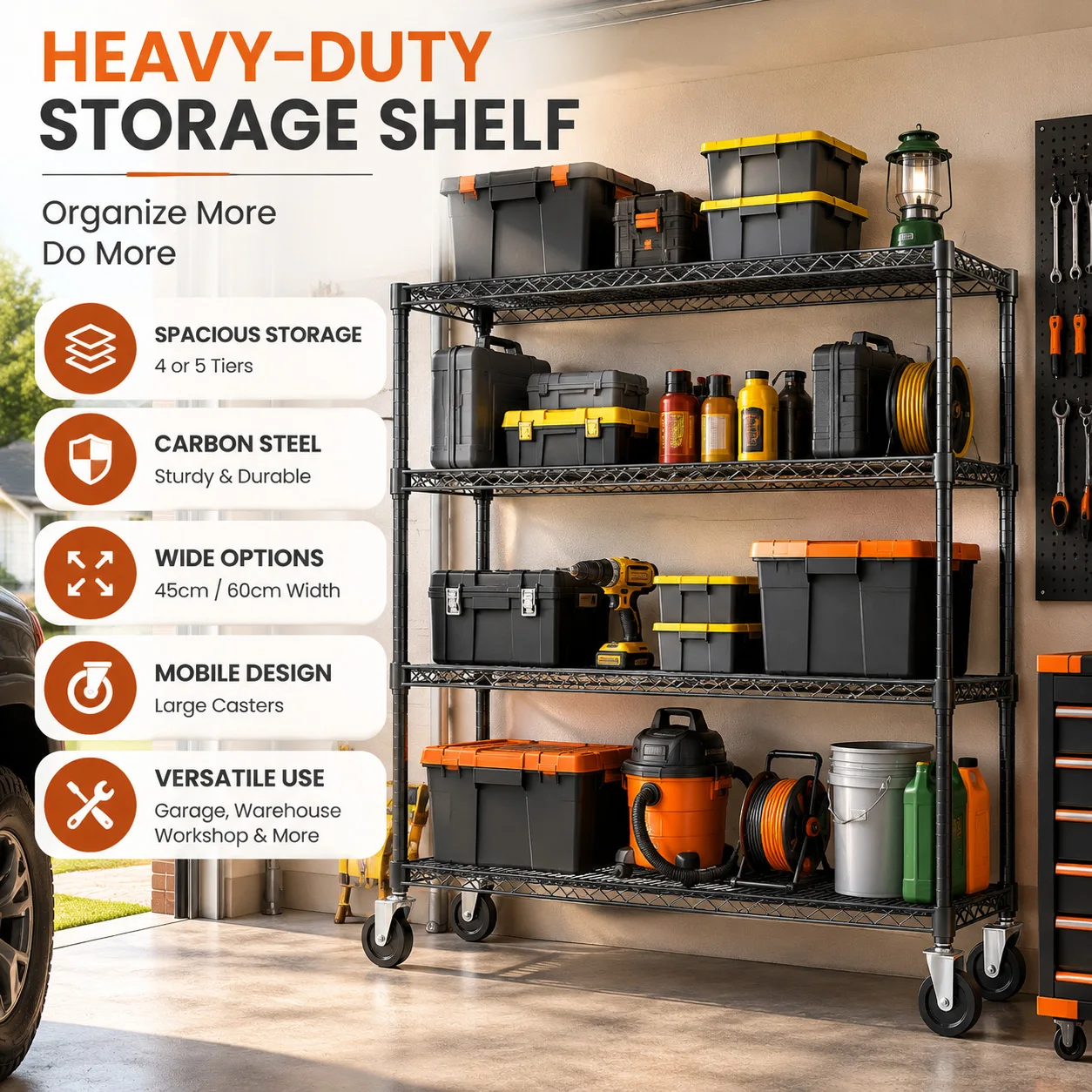 Mobile Carbon Steel Storage Rack with Oversized Wheels 4 or 5 Tier Industrial Shelving Unit 59 Inch Wide Garage Organizer for Warehouse Workshop Basement 18 or 24 Inch Depth Options