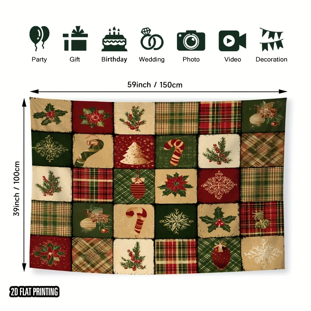 2D Flat Print 1pc Tapestry, Christmas Patchwork Plaid Holly Candy Cane Wall Hanging, Christmas Tapestry, Bedroom Decor