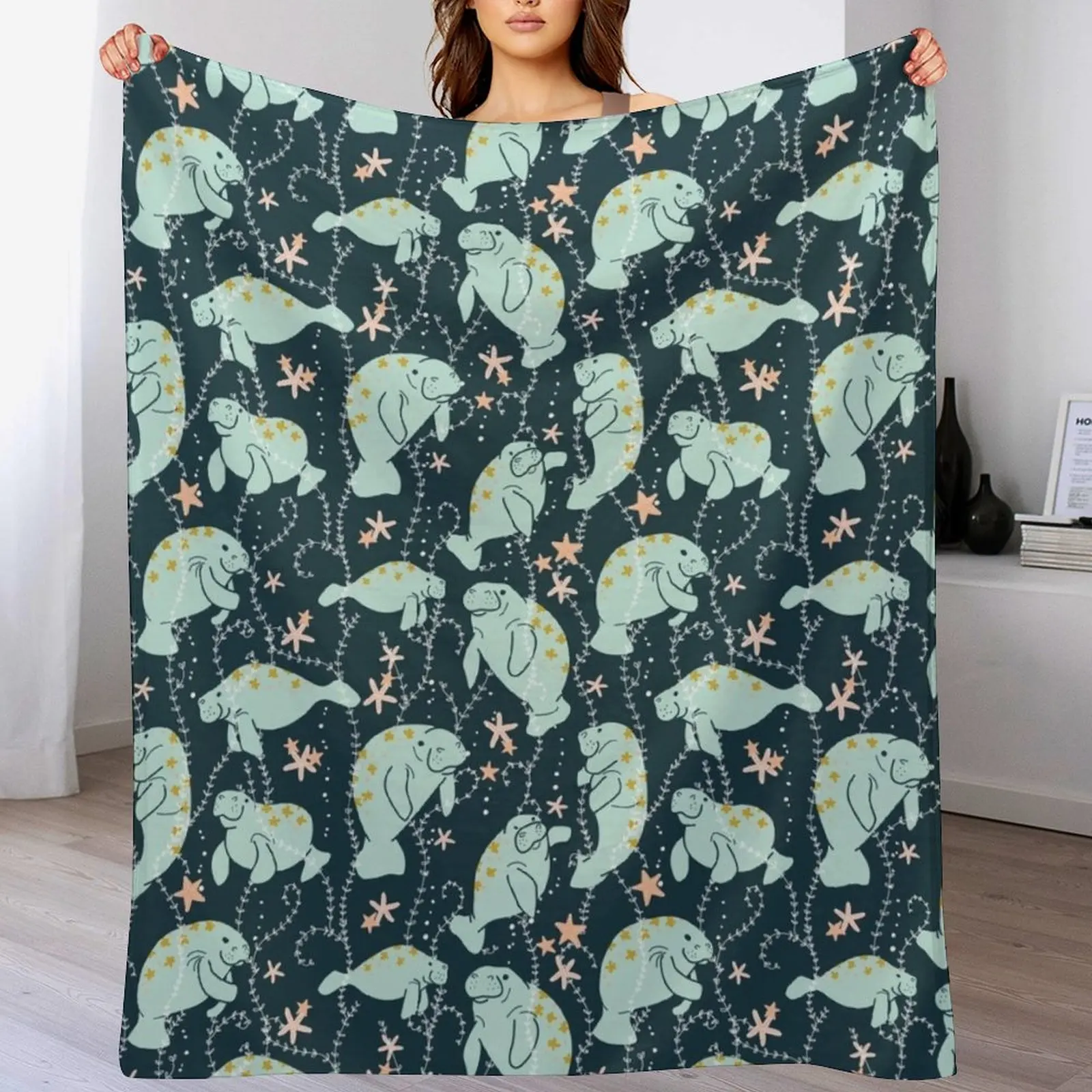 Oh the Hue-Manatee: Teal Throw Blanket blankets and throws Summer Beddings Blankets