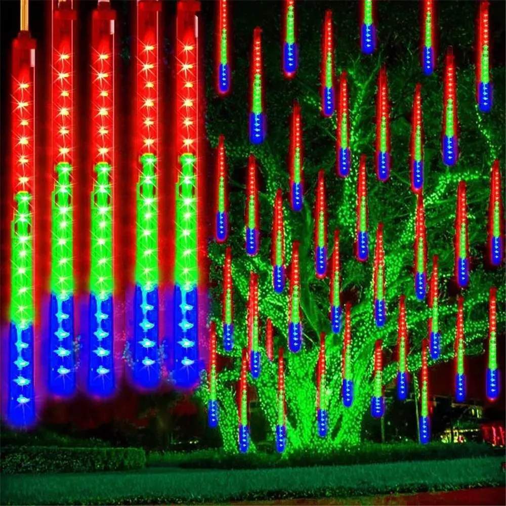 New Year 2025 LED Solar Meteor Shower String Lights 8 Tubes Holiday Lights Christmas Tree Garland Wedding Garden Decoration