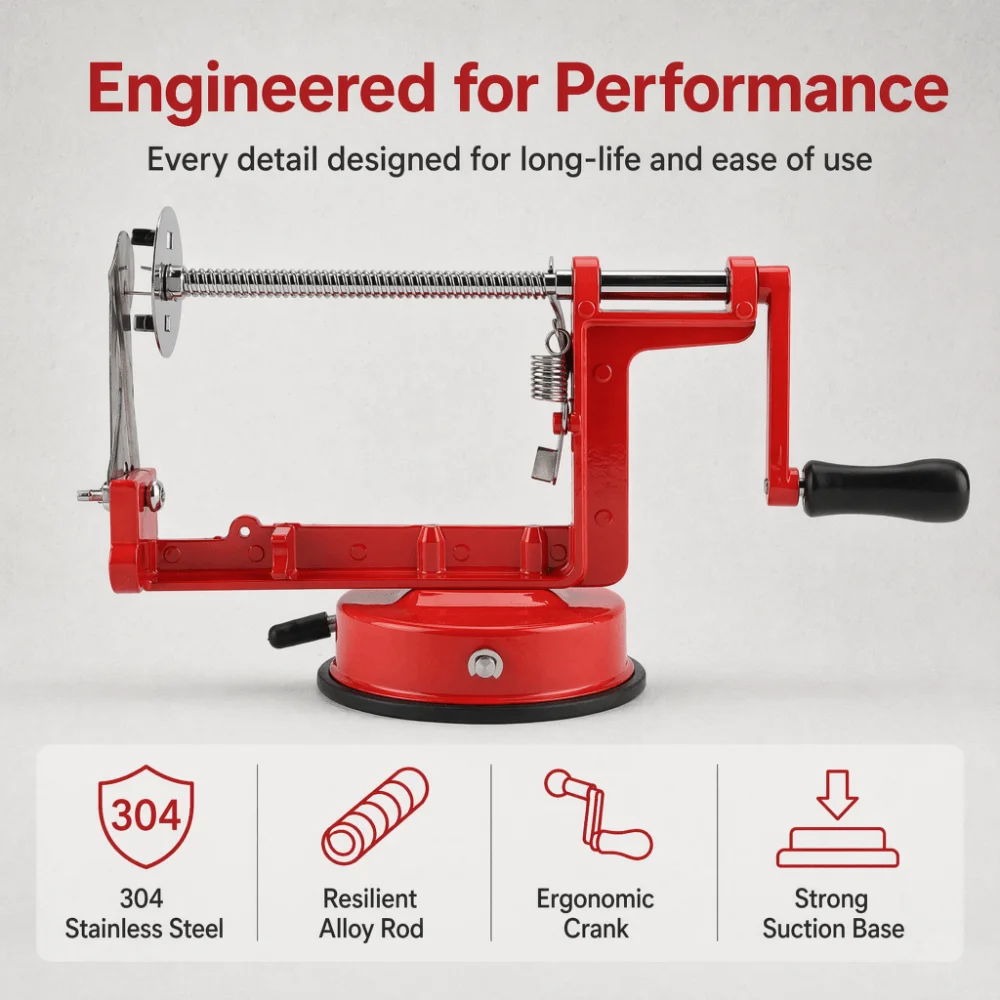 Alloy Stainless Steel Rubber Spiral Potato Cutter Suction Base Red + Silver Curly Fries Cutter Hand Crank Manual