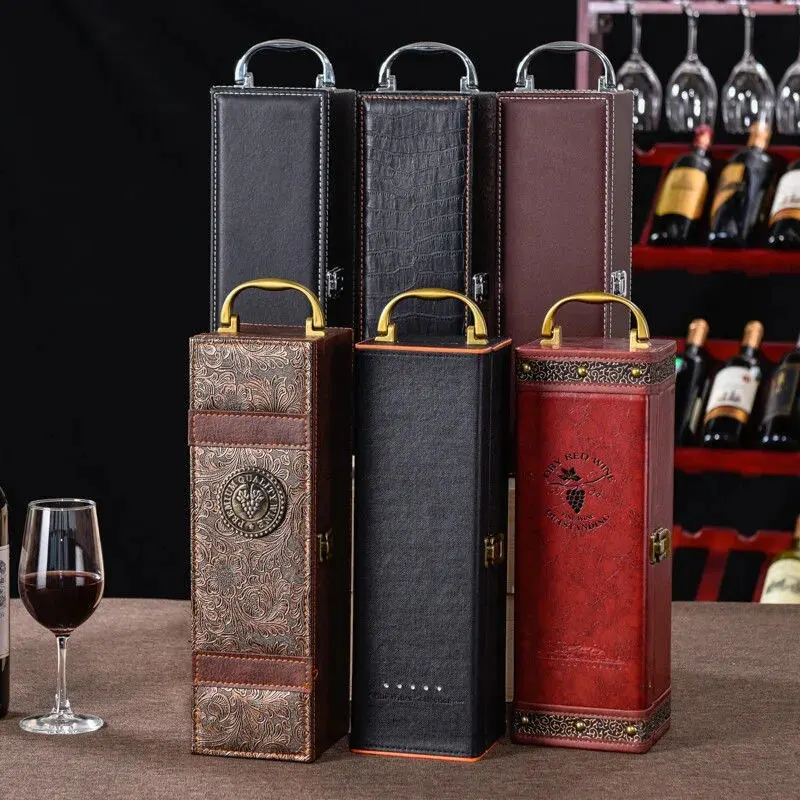 

Classic Leather Wine Packing Box Single Holder High-quality for Wooden New Year Gifts Organizer