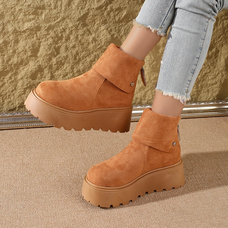 2025 Botas de nieve con plataforma de nuevo estilo para mujer: zapatos de suela gruesa con diseño de puños, forro polar y cálido