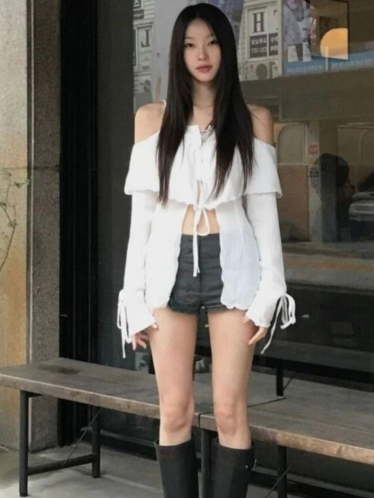 

Y2k Aesthetic Slash Neck Sexy Blouses Harajuku Vintage Grunge Bandage Split Shirt 2025 Summer Women Solid Ruffled Fairy Tops
