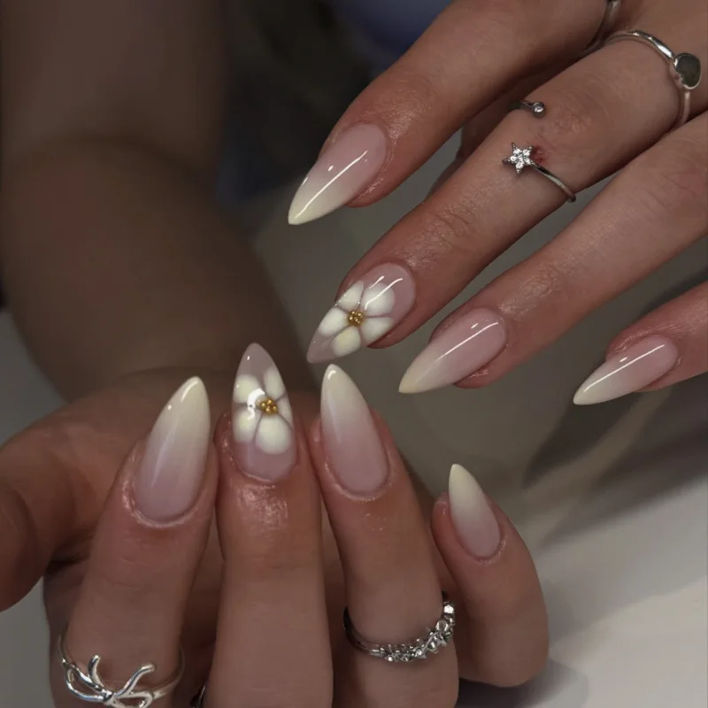 

24Pcs Mid-length Almond Fake Nails White Gradient Design Full Cover Nails Tips with Flower Pattern Reusable Press on False Nails