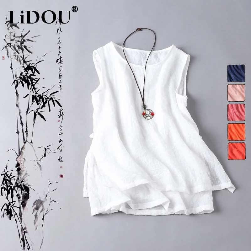 2023 Summer New Solid Color Vests Women Round Neck Vintage Frog Thin Style Cotton Hemp Sleeveless Pullovers Simple Elegant Tanks