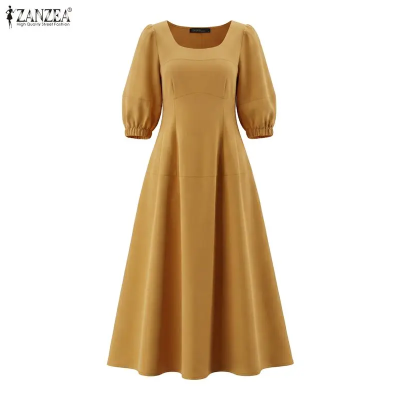 ZANZEA Elegant Square Neck Puff Sleeve Dresses Women Stylish Party Dress Collect Waist Solid Color Pleated Midi Sundress Vestido