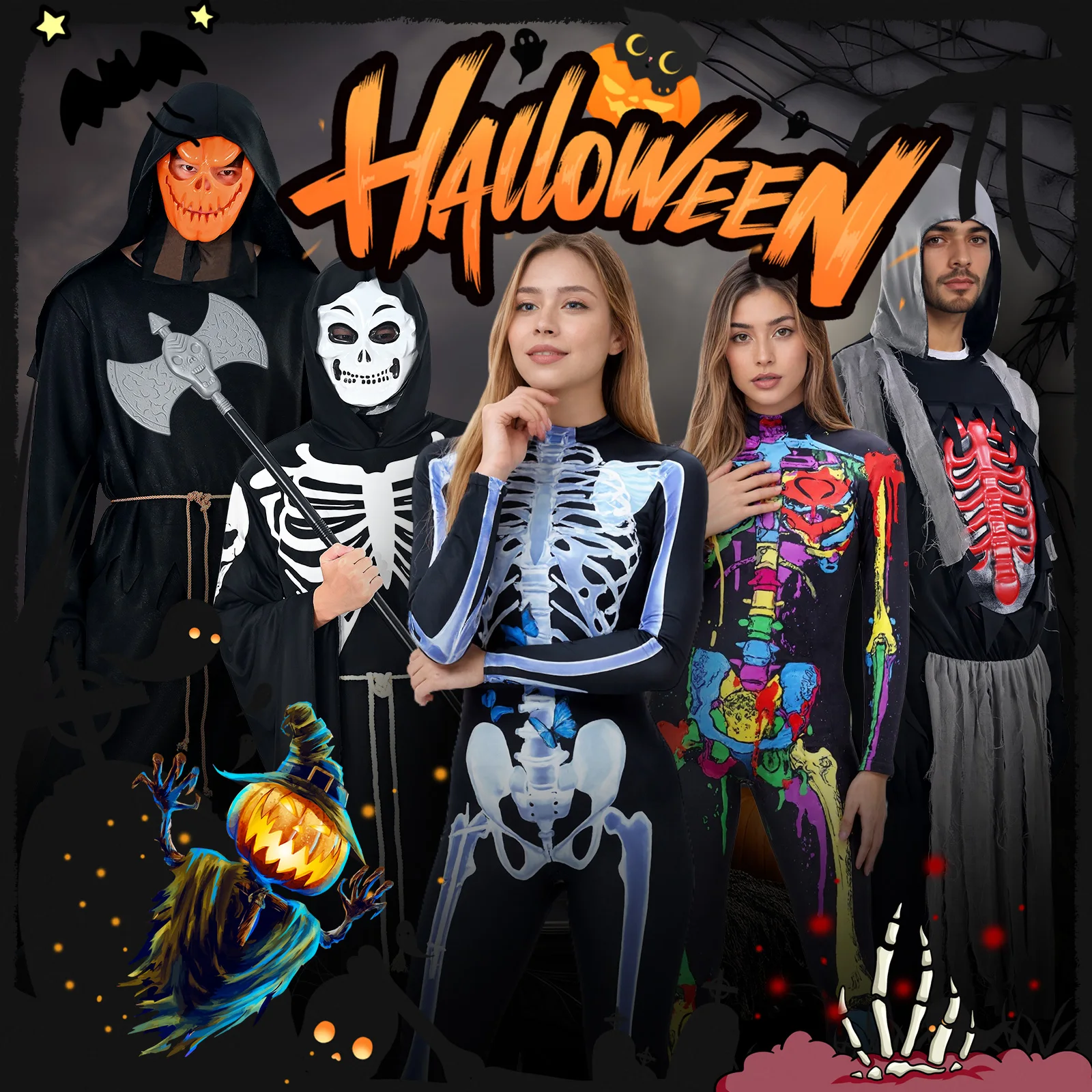 Böse Kostüme für Erwachsene, Unisex, Skelett-Overall, Halloween, Kostüm, Festival-Kleidung, Rave-Outfit
