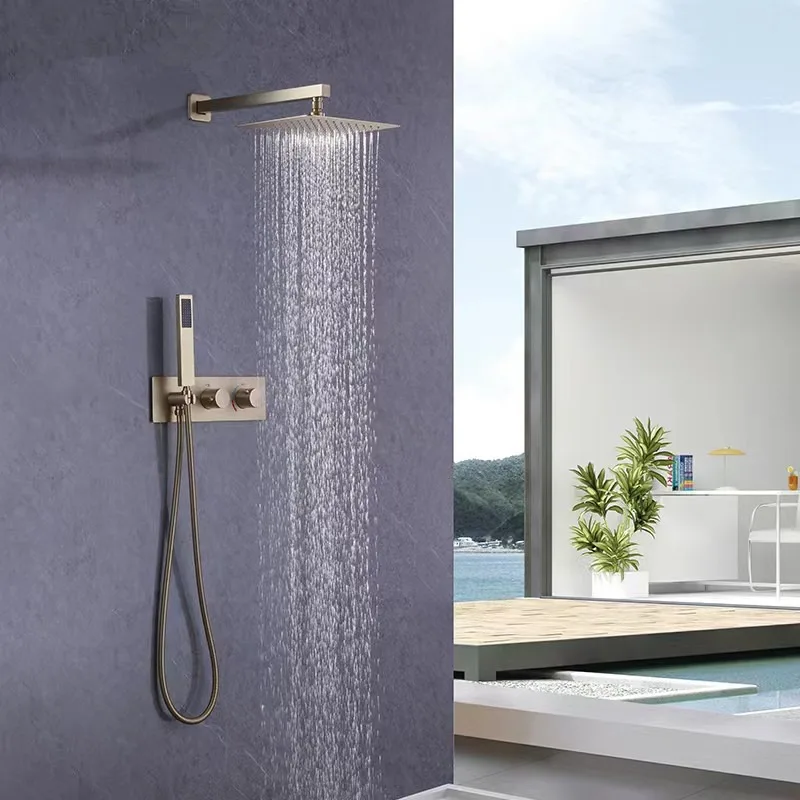 Luxury Gold Shower System with Concealed Wall-mounted Design and Built-in Pressure Boosting Shower Head