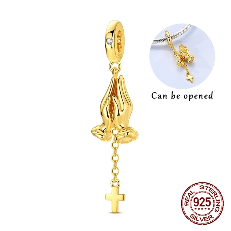 925 Sterling Silver Openable Praying Hands Dangle Charm Cross Pendant & Clear CZ Stones Fit Bracelets Jewelry Gift for Women