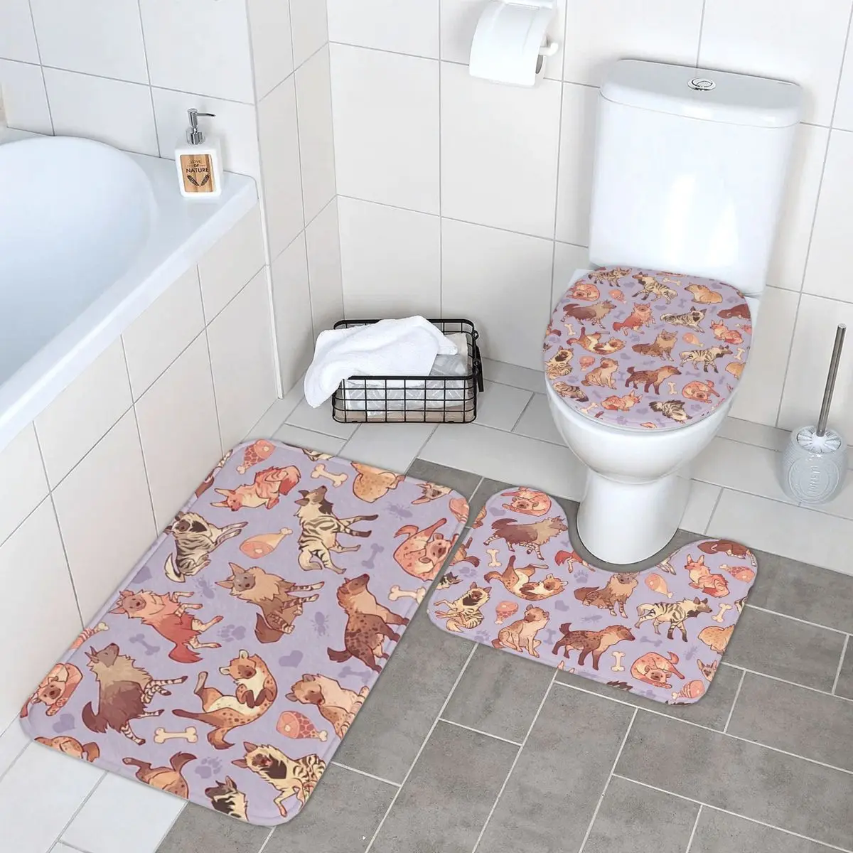 

Hyenas In Lavende, 3-х предметный коврик для ванной, набор для ванной комнаты, крышка для унитаза, домашний декор, нескользящий ковер, напольный коврик