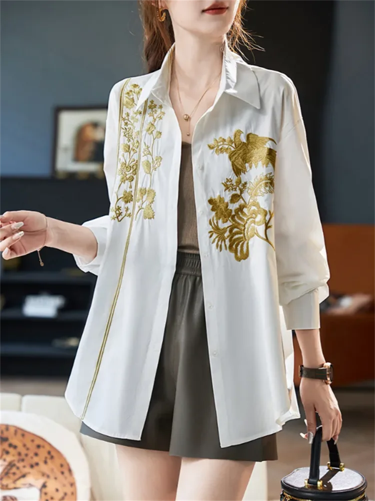 Embroidered Women Blouse White Shirt Loose Woman Clothes shirts Leisure Blouses Laple Cardigan Long Sleeve Female Blous view 3